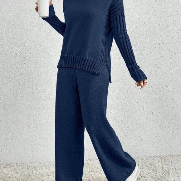 Royal Blue Casual Women's High Neck Drop Shoulder Sweater And Pants - Picture 5 of 5